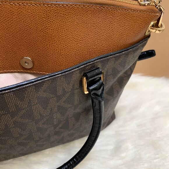 MICHAEL KORS Two-Tone Brown Cognac Signature AUBREY Zip Top Satchel w/Sh/Strap - Picture 6 of 16